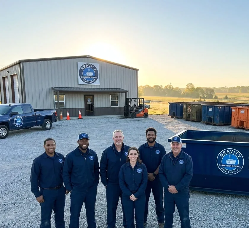Gravity Dumpster Rental Bentonville crew answering questions beside a roll-off container
