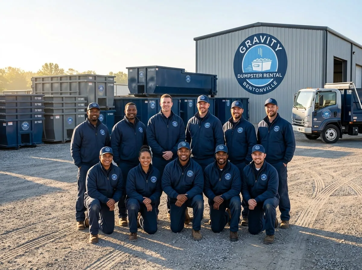 The Gravity Dumpster Rental Bentonville crew with a roll-off truck and container in Bentonville, AR