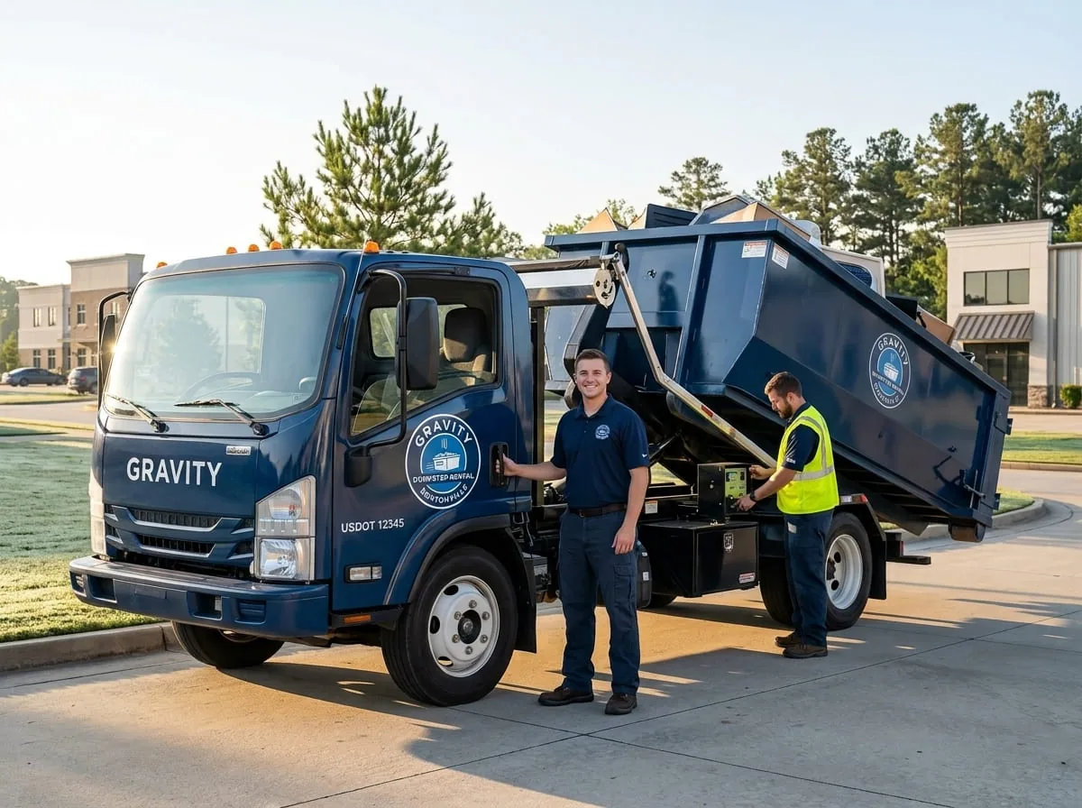 Gravity Dumpster Rental Bentonville roll-off truck delivering a container in Bentonville, AR